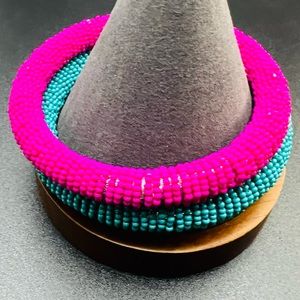 Pair of Vintage Seed Bead Wrapped Bangles Hot Pink & Turquoise Beaded Bracelets